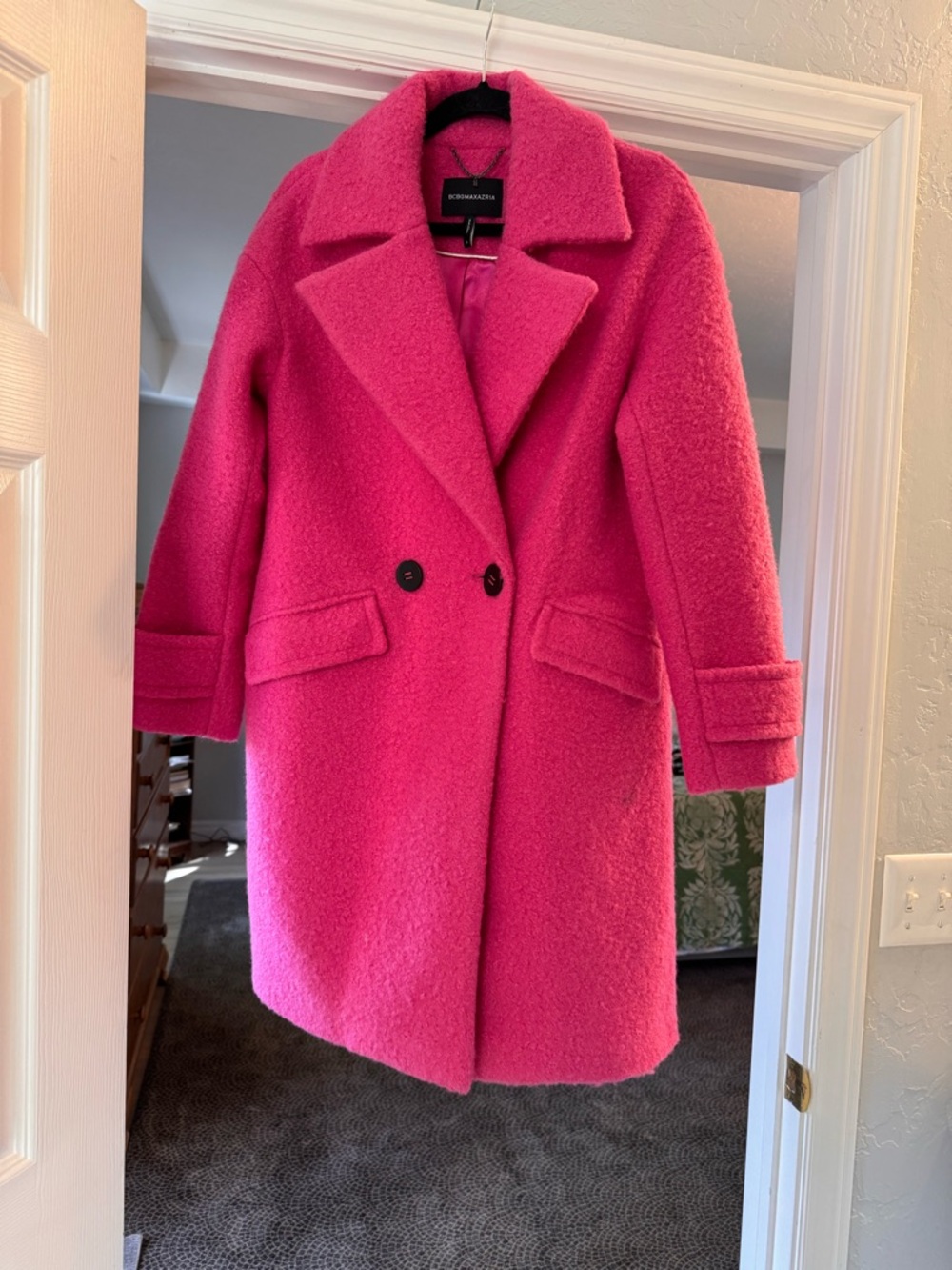 BCBGMaxAzria Hot Pink Double-Breasted Wool Pea Coat